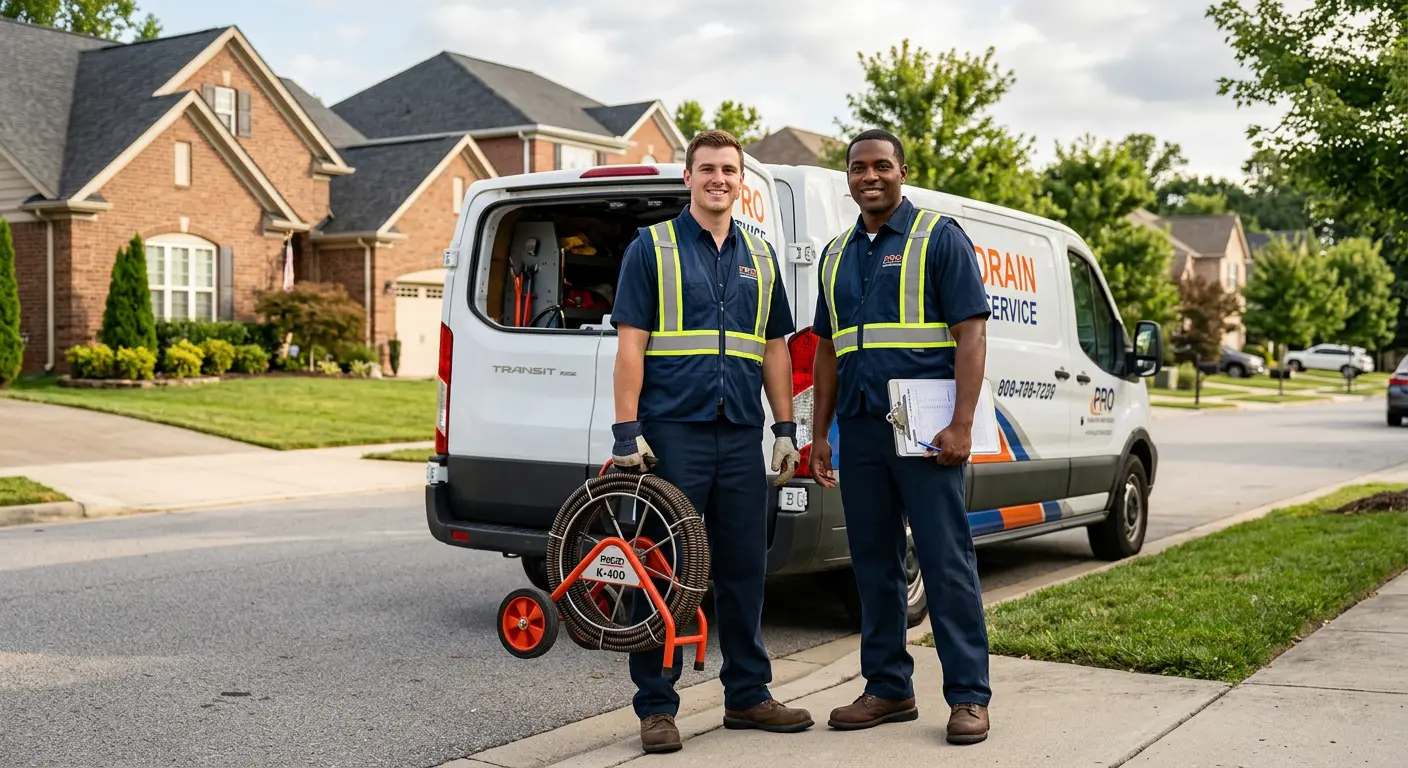 Sewer and drain service team with equipment ready for work in Lansdowne