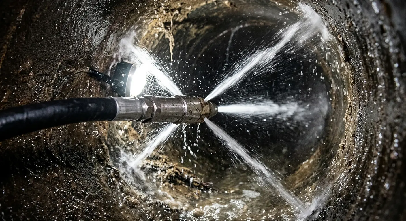 High-pressure hydro jetting nozzle cleaning sewer pipe for Trenchless Sewer Repair in Lansdowne