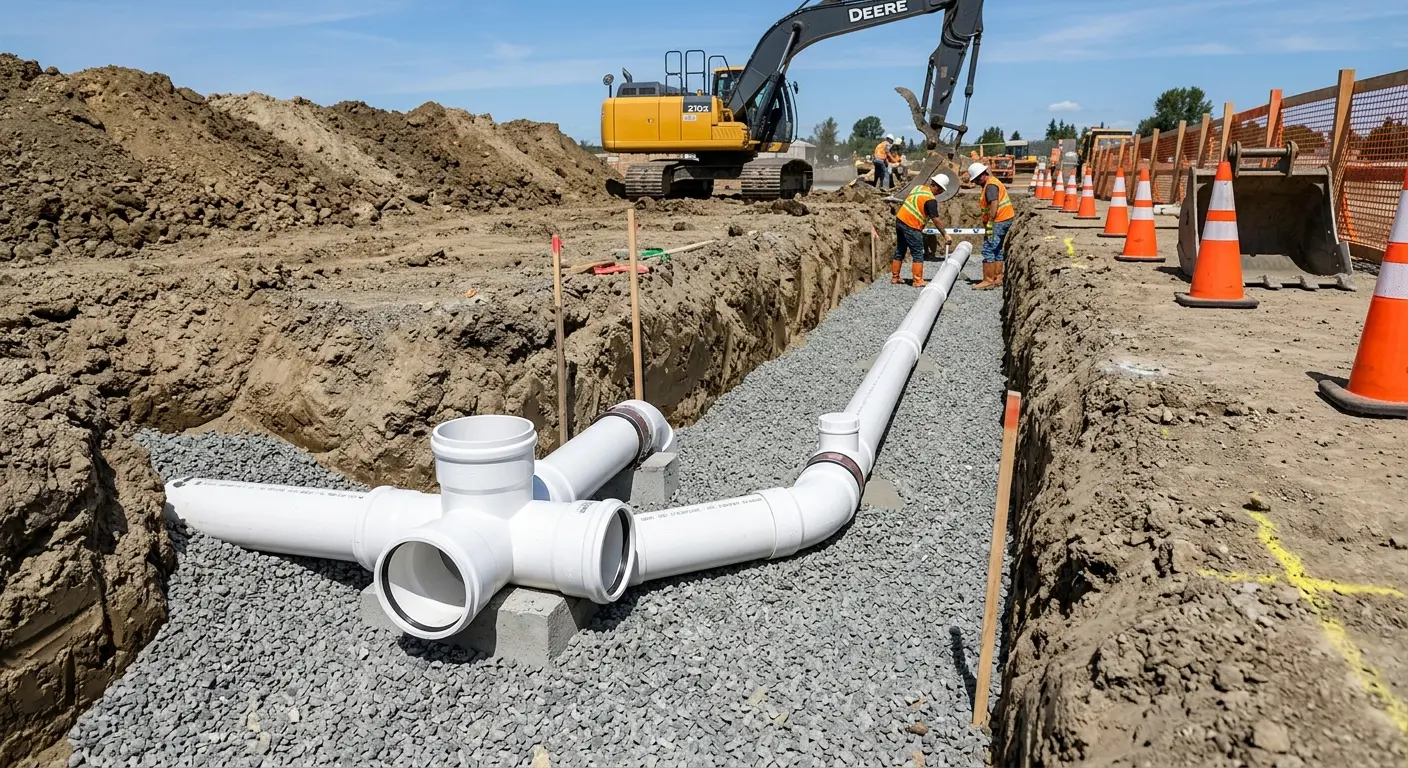 New PVC sewer pipe installation in open trench for Commercial Drain Cleaning in Lansdowne