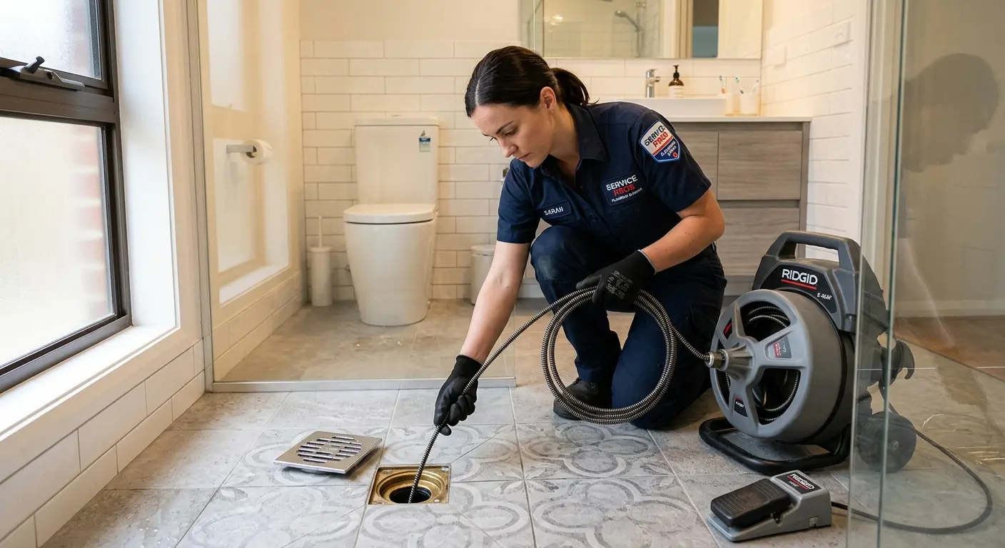 Technician clearing a bathroom floor drain for Clogged Drain Repair in Lansdowne